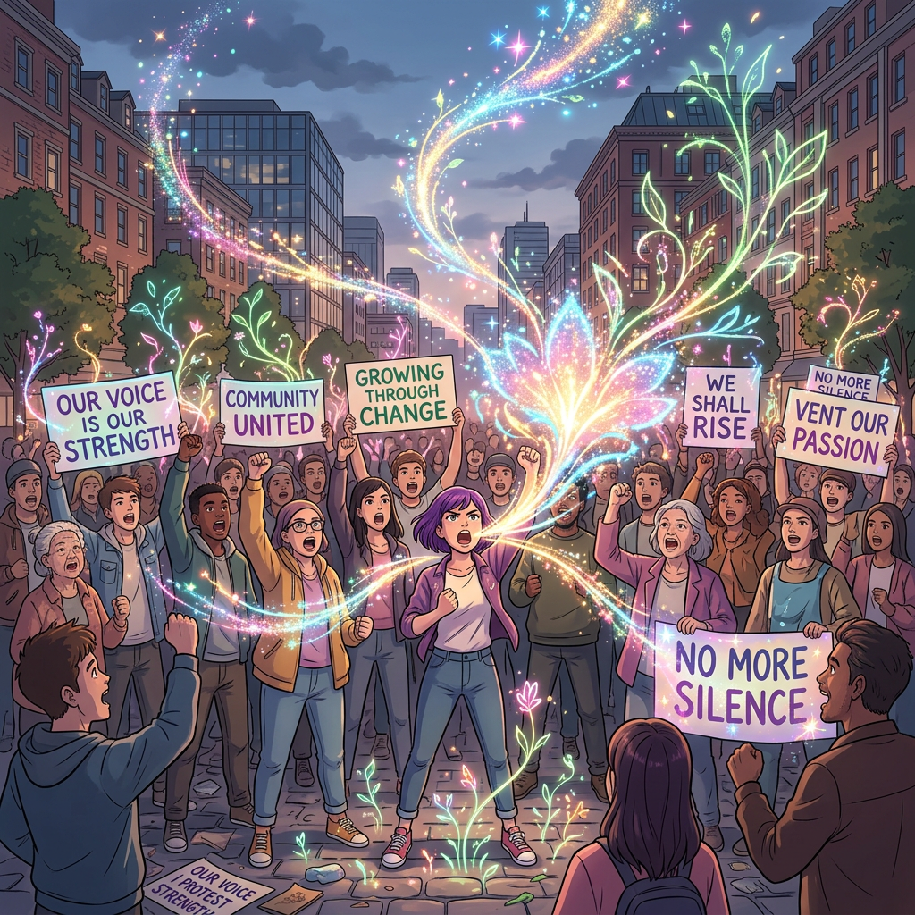 Diverse group protesting with signs advocating unity, change, and no silence surrounded by magical glowing plants