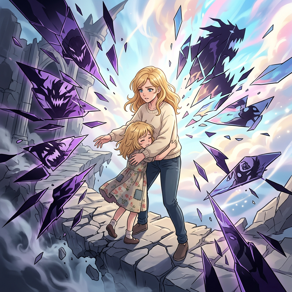 Young woman hugging a child on cracked stone path surrounded by dark, menacing shards